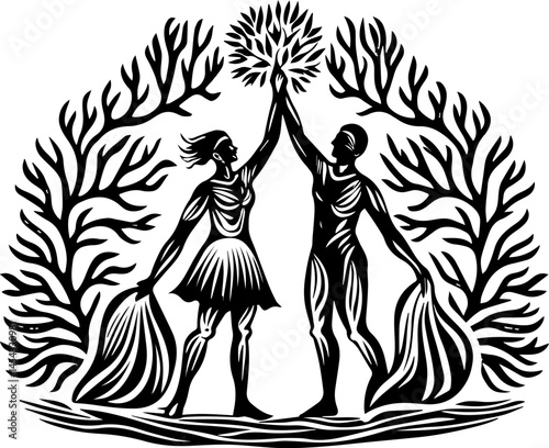 SVG vector illustrating reef rehabilitation and marine ecosystem restoration. Two Figures Holding Tree Symbol Together in a Nature Design