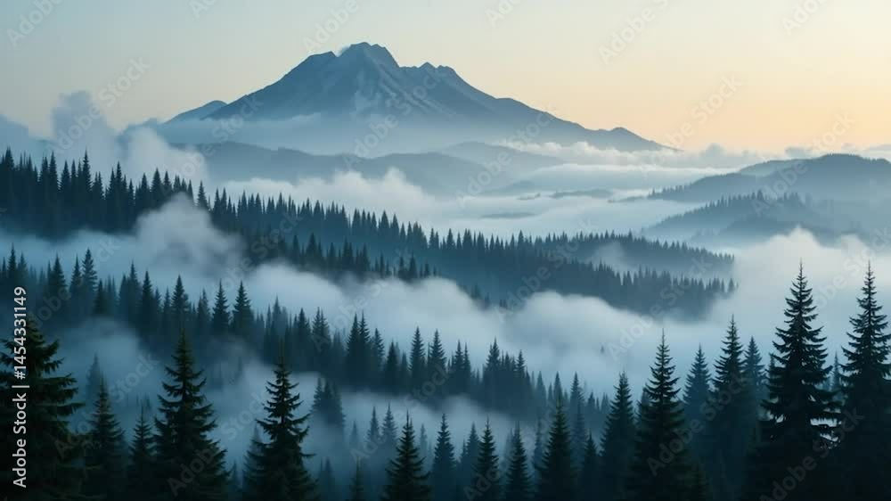 Majestic mountain scene with forested hills and misty atmosphere depicting serene wilderness landscape in cool tones for nature and travel related projects