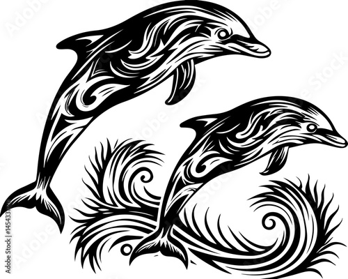 SVG vector illustrating reef rehabilitation and marine ecosystem restoration. Elegant Black and White Dolphin Design with Swirling Waves Art