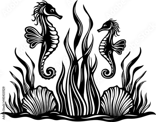 SVG vector illustrating reef rehabilitation and marine ecosystem restoration. Elegant Seahorses Among Seaweeds in Artistic Black and White Design