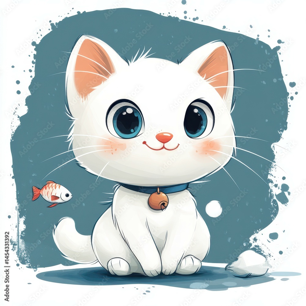 Cute white kitten with big blue eyes and a fish companion in a colorful illustration on a playful background Cute white kitten with big blue eyes and a fish companion in a colorful illustration on a playful background
