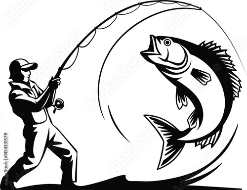 Angler Reeling in Bass Fish Black and White Clipart