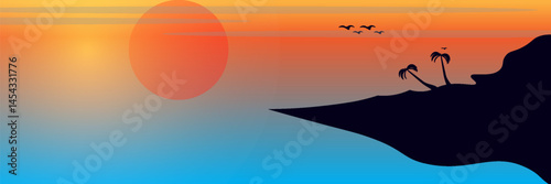Sunset or sunrise in ocean, nature landscape background, pink clouds flying in sky to shining sun above sea with rocks sticking up of water surface. Evening or morning view Cartoon vector