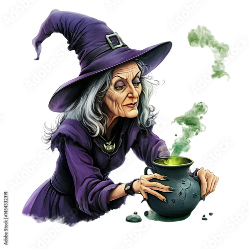 A Cartoon Witch Brewing a Potion with Green Liquid Isolated on Transparent Background