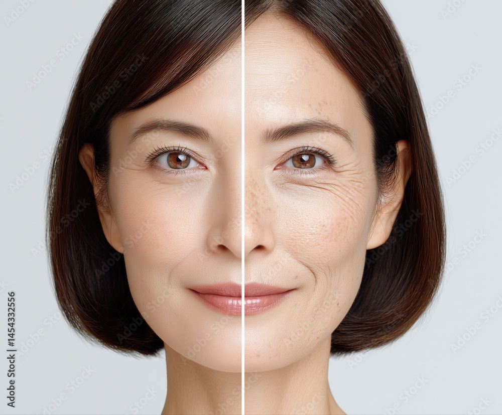 Before and after aging skincare concept portrait, Side-by-side comparison of a middle-aged woman with youthful skin and visible aging, illustrating skincare or age progression effects. Generative by A