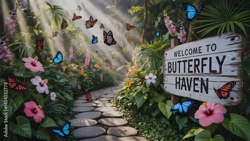 a stone path through a lush tropical garden filled with colorful butterflies. To the right, a white wooden sign reads 