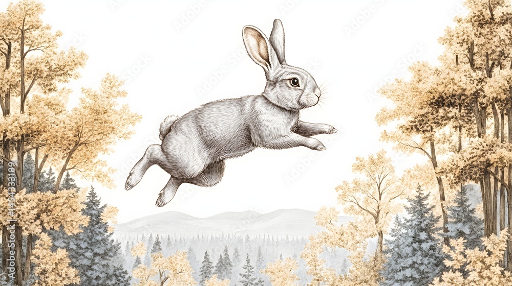 Obraz premium Leaping hare in a tranquil forest scene.