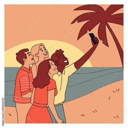 Flat vector of a group of friends taking a selfie together at the beach with a sunset in the background
