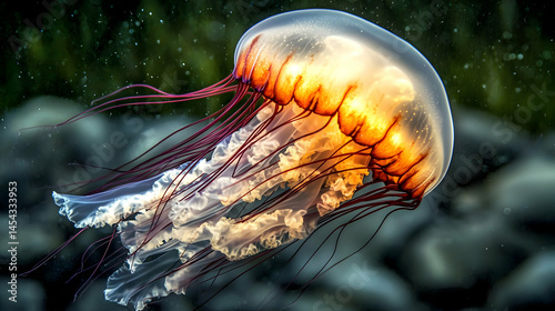 Orange And White Jellyfish With Red Tentacles In Aquarium