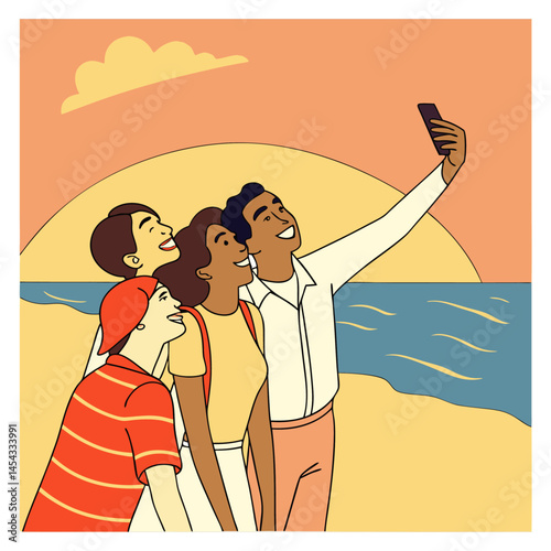 Flat vector of a group of friends taking a selfie together at the beach with a sunset in the background
