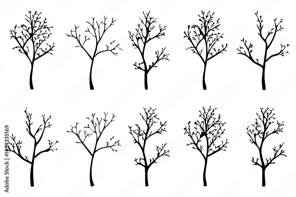 Obraz premium Dead Tree Silhouette Without Leaves. Bare Tree Vector Icon Set 