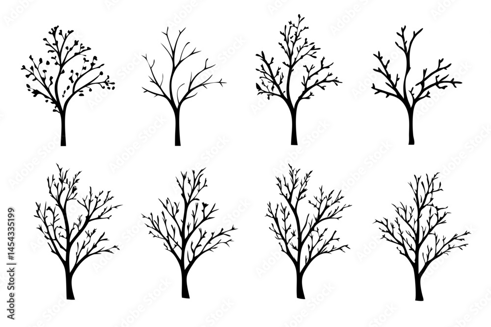 Obraz premium Dead Tree Silhouette Without Leaves. Bare Tree Vector Icon Set