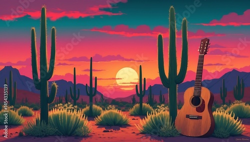 Vibrant Sunset in the Desert Acoustic Guitar and Cactus Landscape Illustration