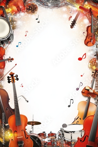 Musical instrument frame with violins, drums and notes on white festive background