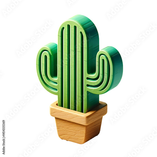 3d green cactus icon with wooden texture isolated on white background
