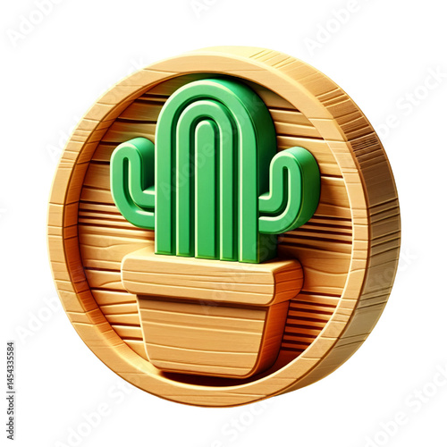 3d green cactus icon with wooden texture isolated on white background
