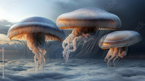 Floating Jellyfish Above Clouds At Sunrise