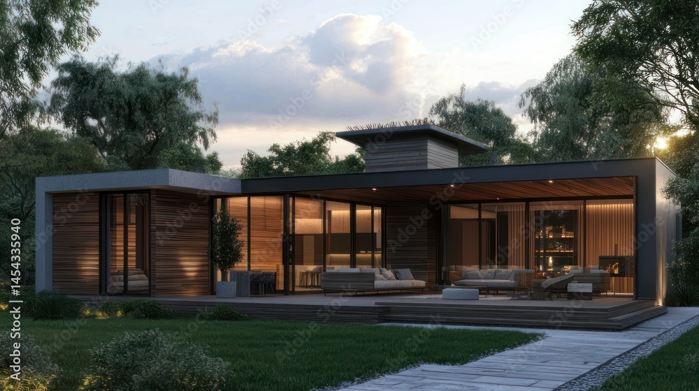 Fototapeta premium Modern home with wooden paneling and expansive outdoor living space, sunset lighting