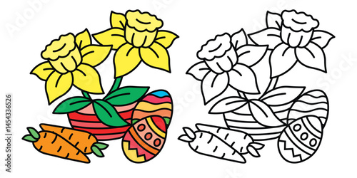 Easter daffodils flowers coloring page sheets, Easter Flowers, Line Art Drawing, Easter-themed, Holiday Coloring Fun, Coloring Illustration stock illustration,