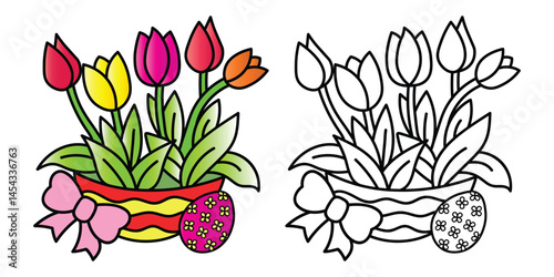 Easter Tulip flowers coloring page sheets, Easter Flowers, Line Art Drawing, Easter-themed, Holiday Coloring Fun, Coloring Illustration stock illustration, Tulip Coloring Pages