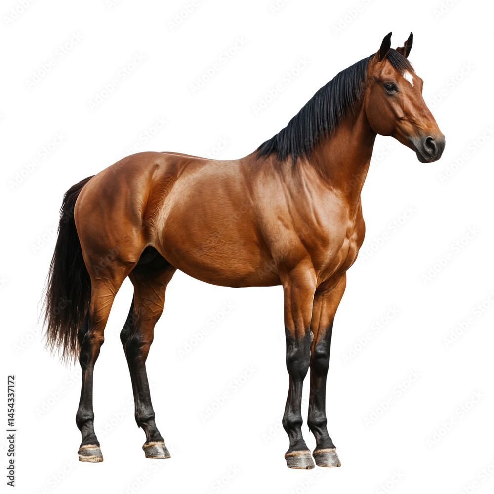 Obraz premium A strong brown horse stands confidently, showing its full body and muscular build, isolated on transparent background