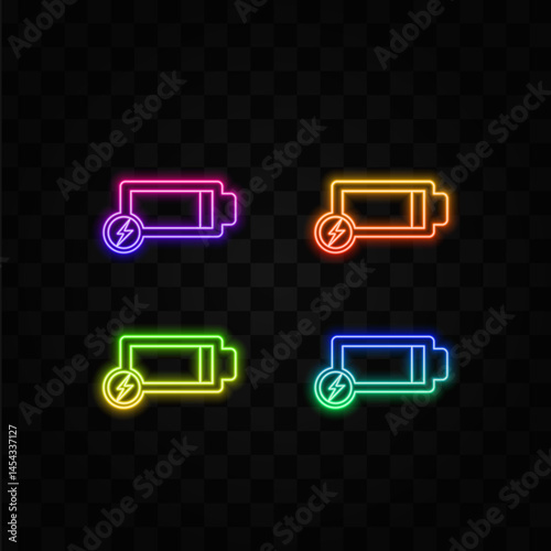 charged and discharged battery vector icon. neon style.