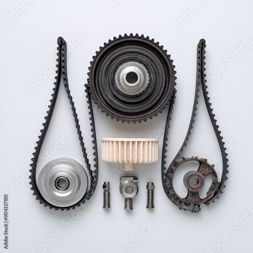 Collection of automotive timing belt components arranged neatly on a light background for mechanical illustration
