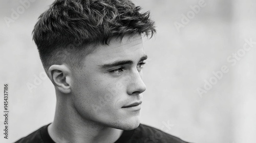 Textured fringe haircut showcasing a stylish french crop in an outdoor urban setting