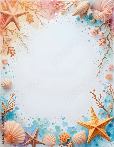 Watercolor Sea Shell Frame,white Copy  Space in Center for Coastal Scrapbook Page Layout
