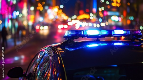 Emergency services responding to an incident in the city at night, police car