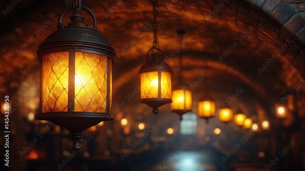 Fototapeta premium Warm, vintage lamps in a dimly lit cellar