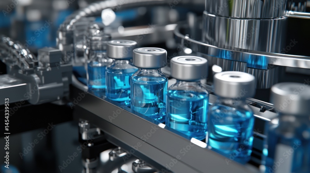 Automated pharmaceutical manufacturing featuring vials filled with blue liquid Automated pharmaceutical manufacturing featuring vials filled with blue liquid