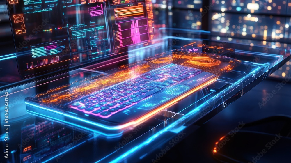 Obraz premium Futuristic computer workstation with glowing keyboard and holographic displays