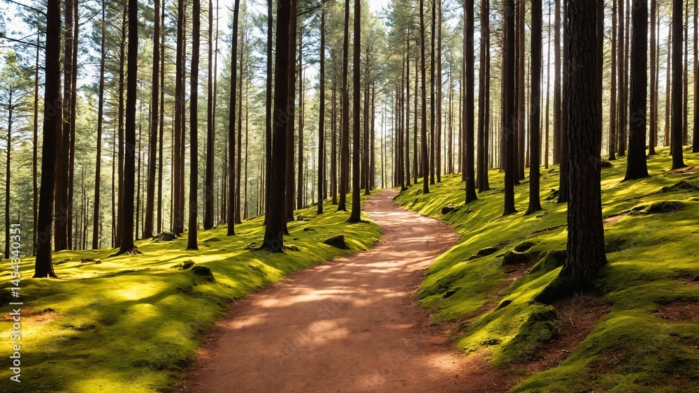 Obraz premium Sunlit Forest Path Covered in Autumn Leaves