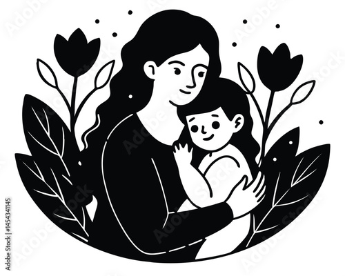 Mother's Love A Tender Embrace, Black and White Illustration