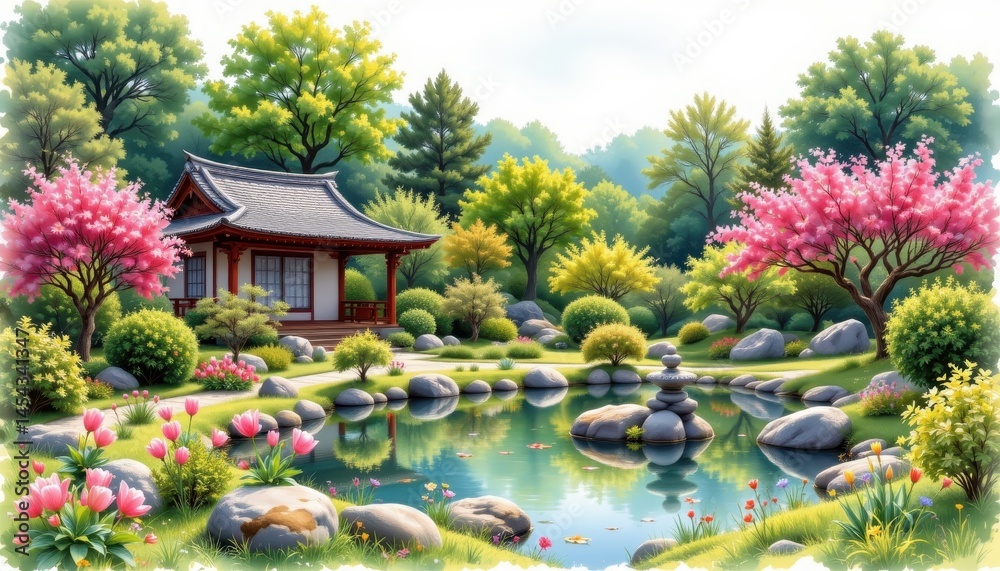 Serene Springtime Japanese Garden with Pagoda Peaceful Pond and Blooming Flowers Serene Springtime Japanese Garden with Pagoda Peaceful Pond and Blooming Flowers