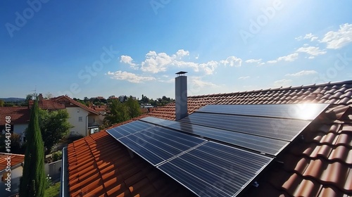 Solar panel installation on a residential rooftop with clear blue sky above