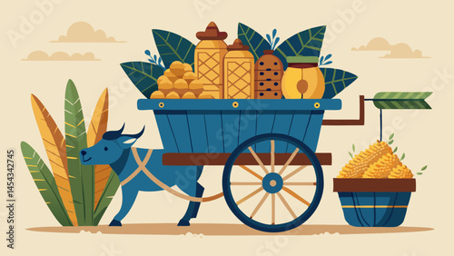 Blue Cart Pulled by a Donkey Carrying Tropical Fruits and Jars