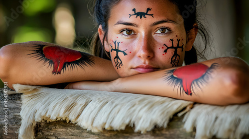 Woman With Tribal Face and Arm Paint