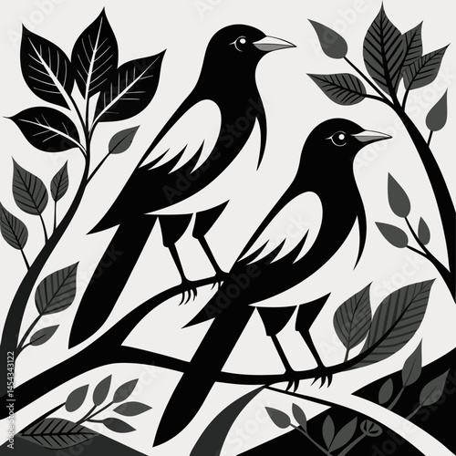 Two Magpies Perched on a Branch with Stylized Leaves