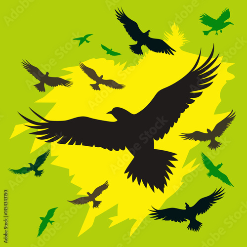 Abstract Illustration of Birds in Flight Against a Vibrant Yellow and Green Background