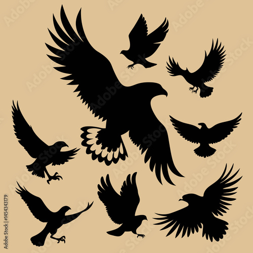 Collection of Black Bird Silhouettes Flying in the Air