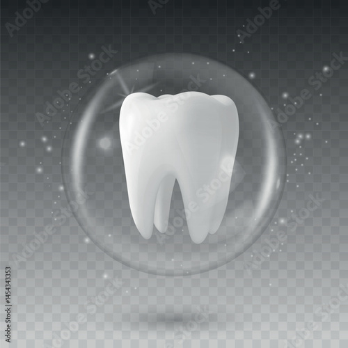 Vector 3D Realistic Tooth in a Protective Bubble Icon Isolated. Design Template, Clipart. Dentistry, Healthcare, Medical, Hygiene, Protection Concept