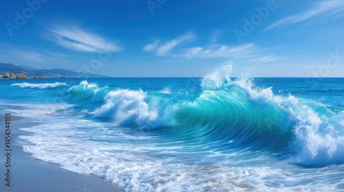 Large turquoise ocean wave curling and breaking with white foam on beach under blue sky