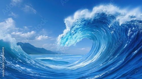 Giant powerful blue ocean wave curling into a dramatic barrel near a mountainous coast