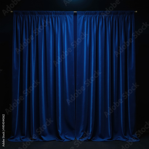 Luxurious blue curtains draped elegantly, creating sense of mystery and anticipation in dimly lit space