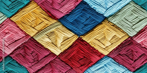 Colorful Woven Diamonds: A Detailed Textile Pattern with Rich Texture


