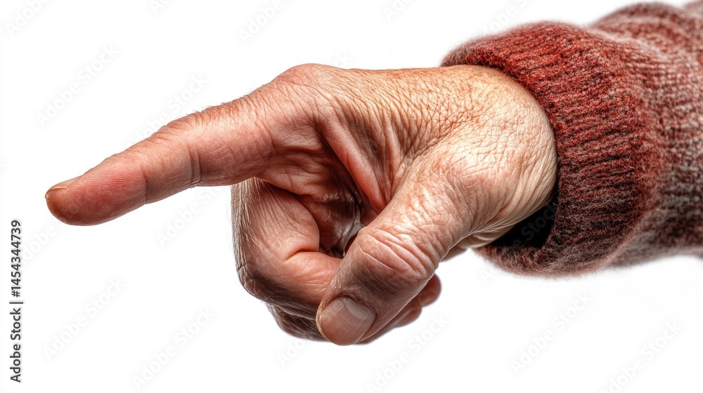 Closeup of an old man hand pointing or touching isolated on white background
