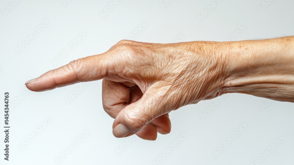 Closeup of an old man hand pointing or touching isolated on white background