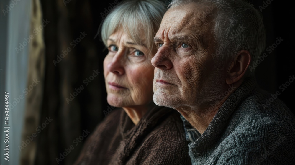 Portrait of older couple with melancholy expressions, looking off-camera, soft shadows Portrait of older couple with melancholy expressions, looking off-camera, soft shadows